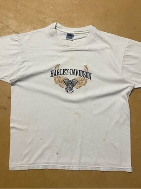 Vintage Unofficial Harley-Davidson Men's White Graphic Tee Medium STAINED